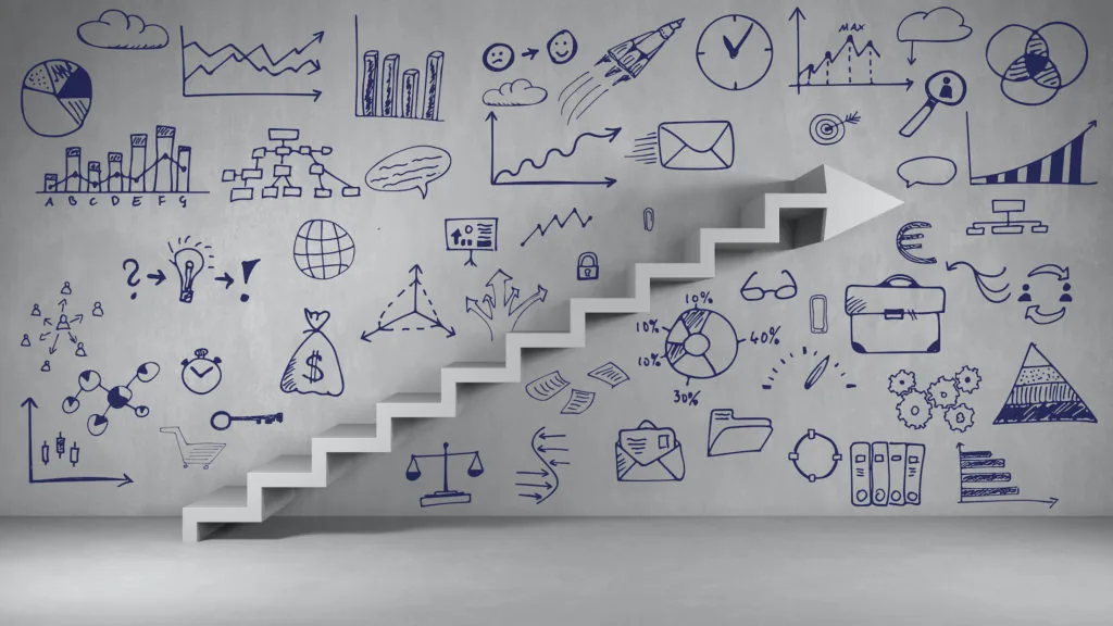 White upward staircase with arrow overlaid on wall covered in business and finance icons including charts, graphs, money symbols, and growth indicators