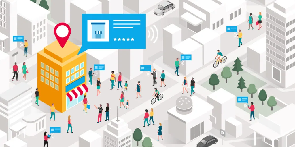 Isometric illustration of a bustling urban street with a large orange storefront building marked with location pin, surrounded by diverse pedestrians, bicyclists, and buildings in a city neighborhood.